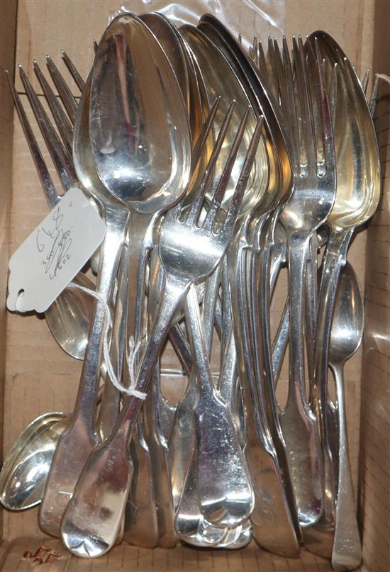 A mixed group of mainly 19th century silver flatware including fiddle pattern and Old English pattern, 46 oz.